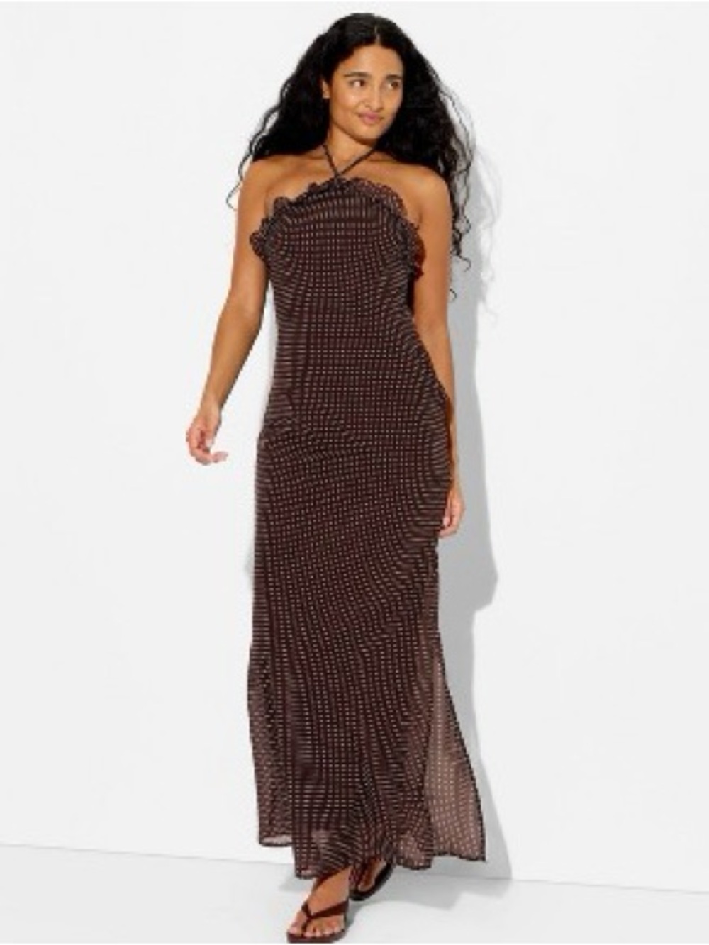 Wild Fable Brown Polka Dot Ruffle Halter Maxi Dress Size M